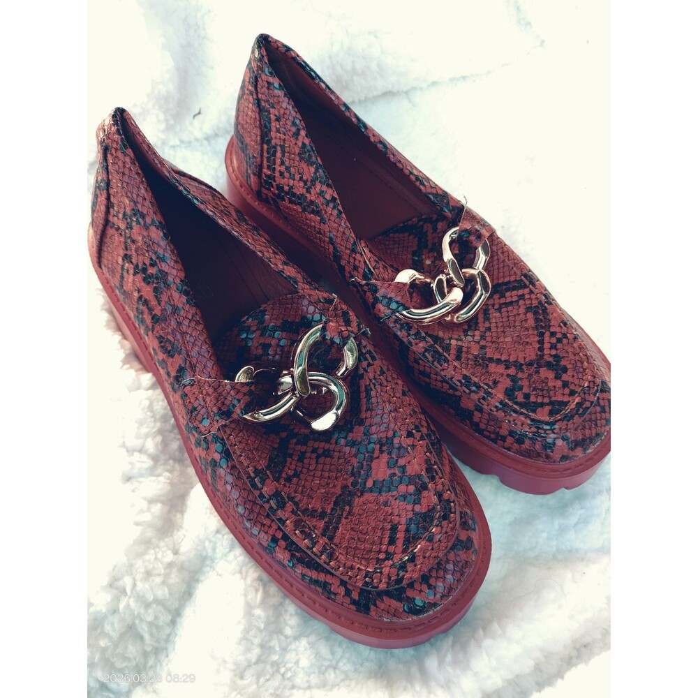 La Mata Asos Women’s Snake Print Chunky Lug Sole Loafers Gold Chain 8.5 Brown